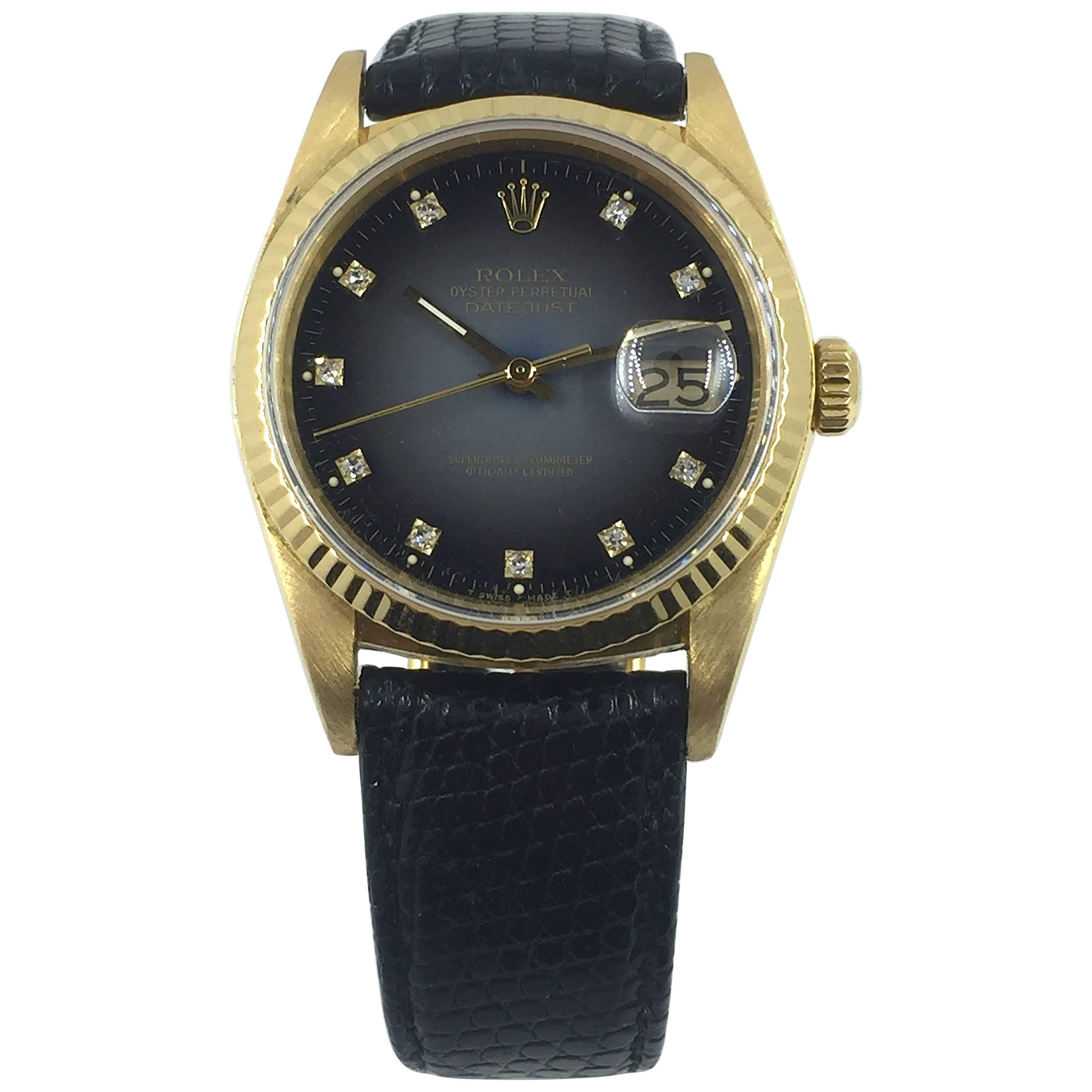 Rolex Yellow Gold Grey Vignette Diamond Dial Datejust Automatic Wristwatch 