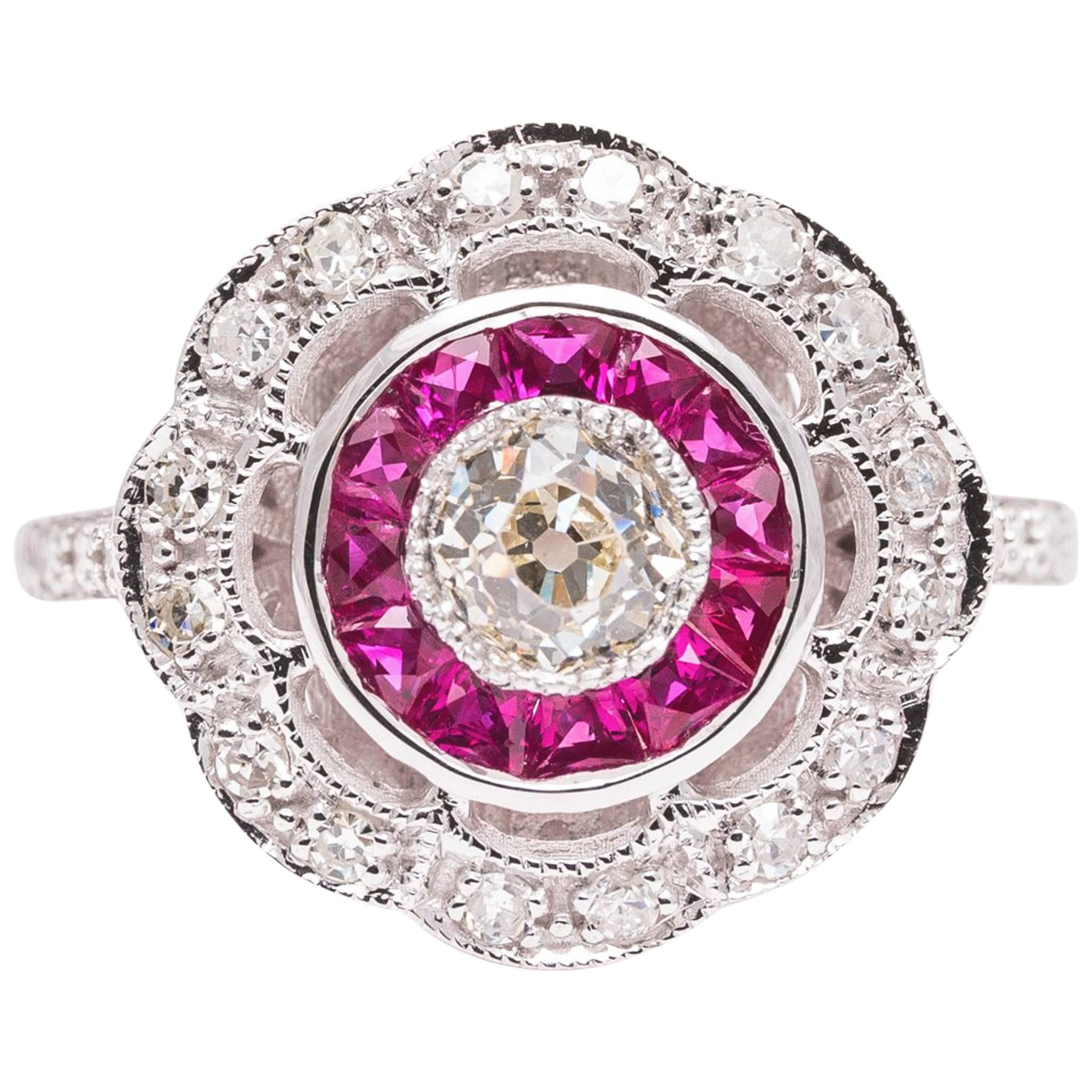 Diamond and Ruby Target Motif White Gold Ring For Sale