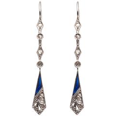 Antique Glorious Art Deco Diamond and Sapphire Dangle Earrings in Platinum