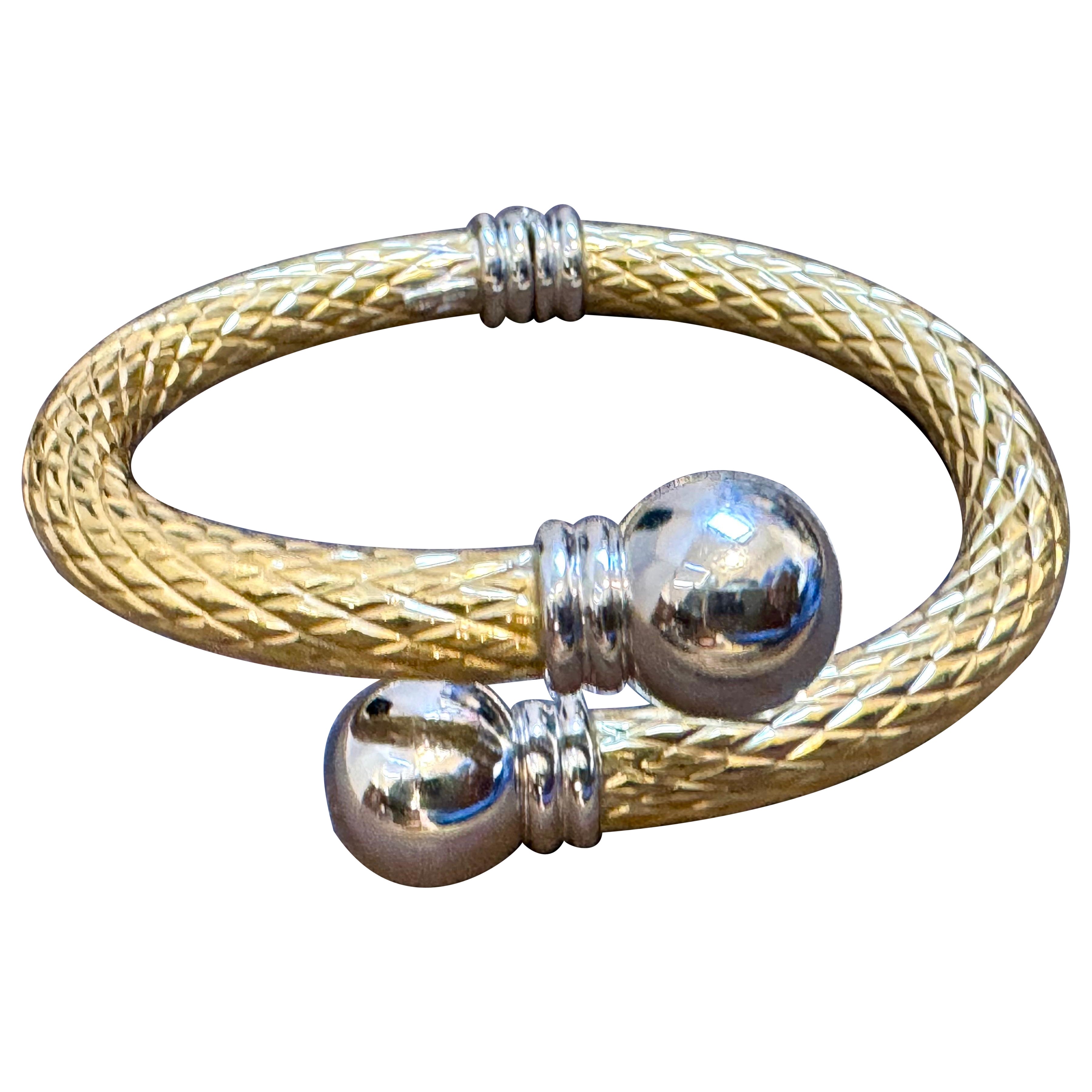 Vintage Two Tone Cuff Bangle Bracelet 18 Karat Solid Yellow & White Gold 24 Gram