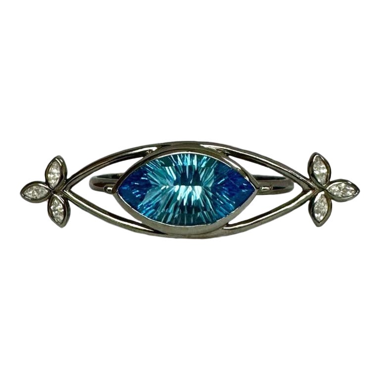 Handmade Marquise Diamond Millennium Cut Blue Topaz Platinum Two FingerRing For Sale