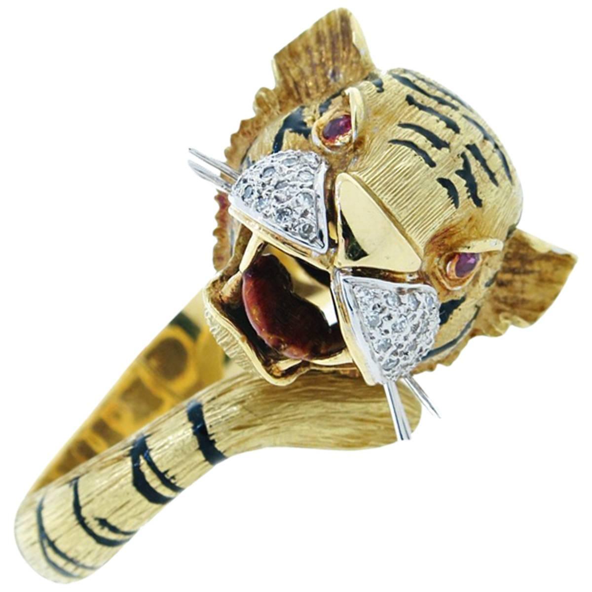 Powerful and Whimsical Tiger Bracelet with Diamonds and Enamel For Sale