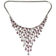 White Gold, 18k Diamond Pink Sapphire Bib Necklace.Made in Italy