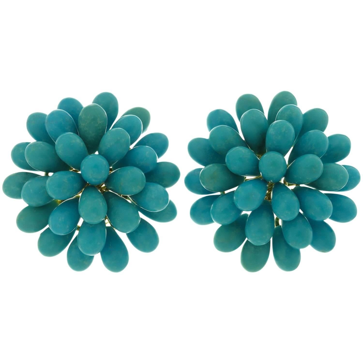 Natural Turquoise Cluster Yellow Gold Earrings