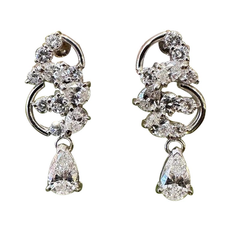 Diamond Cluster Earrings with Pear Diamond Drop in Platinum and 18k White Gold For Sale