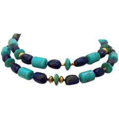 Marina J. Turquoise, Lapis, Silver, Gold, Long Lariat Necklace 'Magnet Clasp'