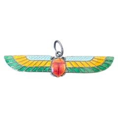 Egyptian Revival Enamel Winged Scarab Insect Pendant Necklace Art Deco Sterling