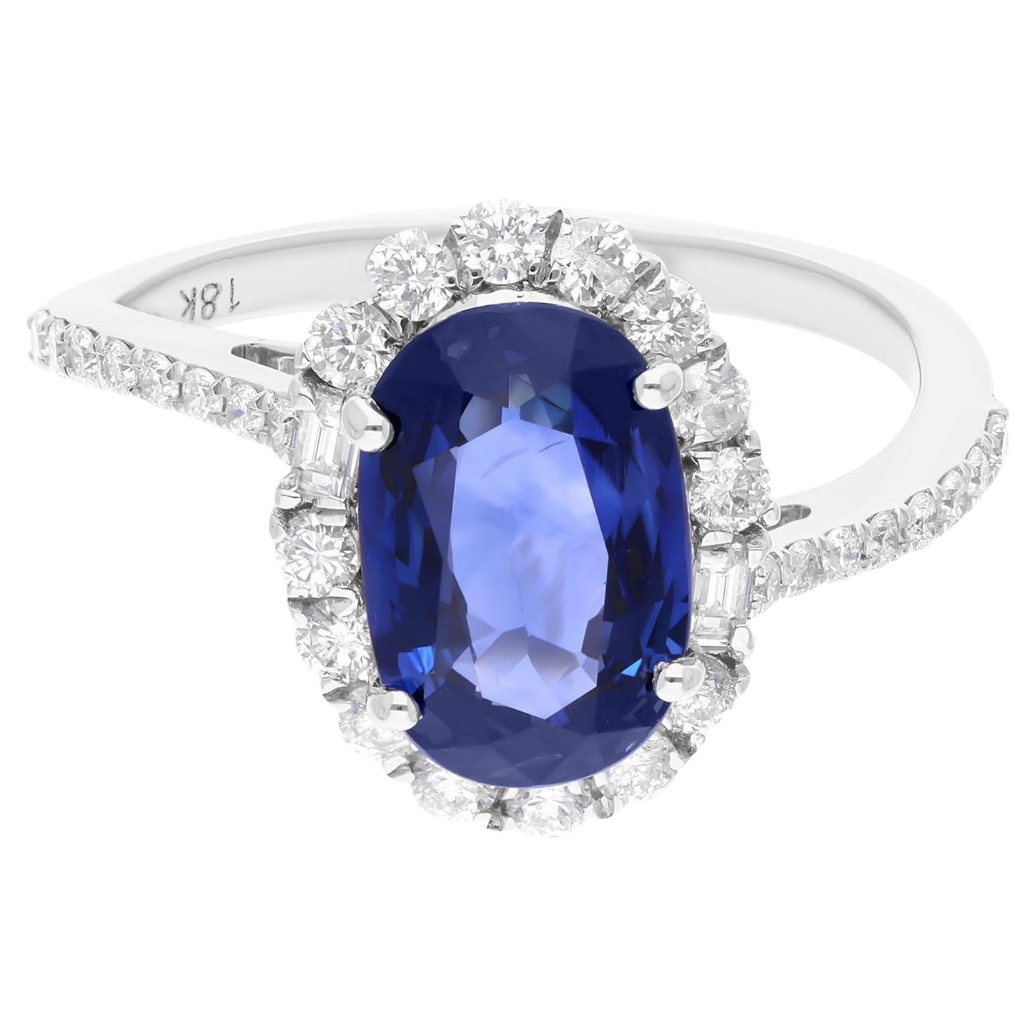 3.36 Carat Oval Blue Sapphire Cocktail Ring 0.6 Ct Diamond 14 Karat White Gold For Sale
