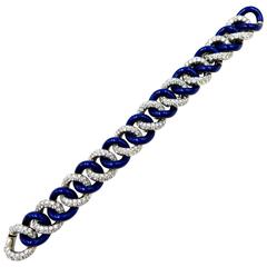 Unique Blue Enamel 20 Carats Pave Diamonds Gold Link Bracelet 6