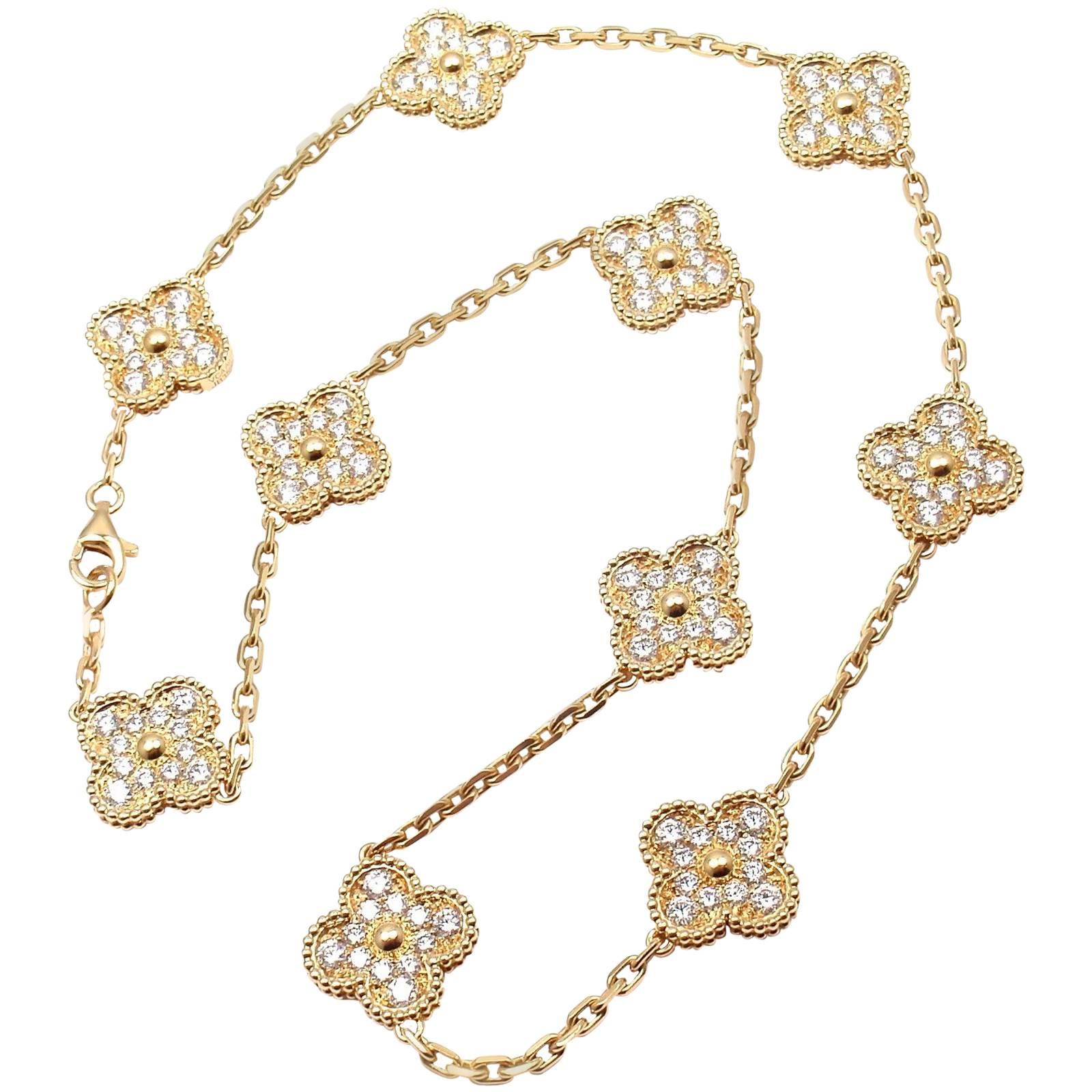 Van Cleef & Arpels Vintage Ten Motif Diamond Alhambra Yellow Gold Necklace