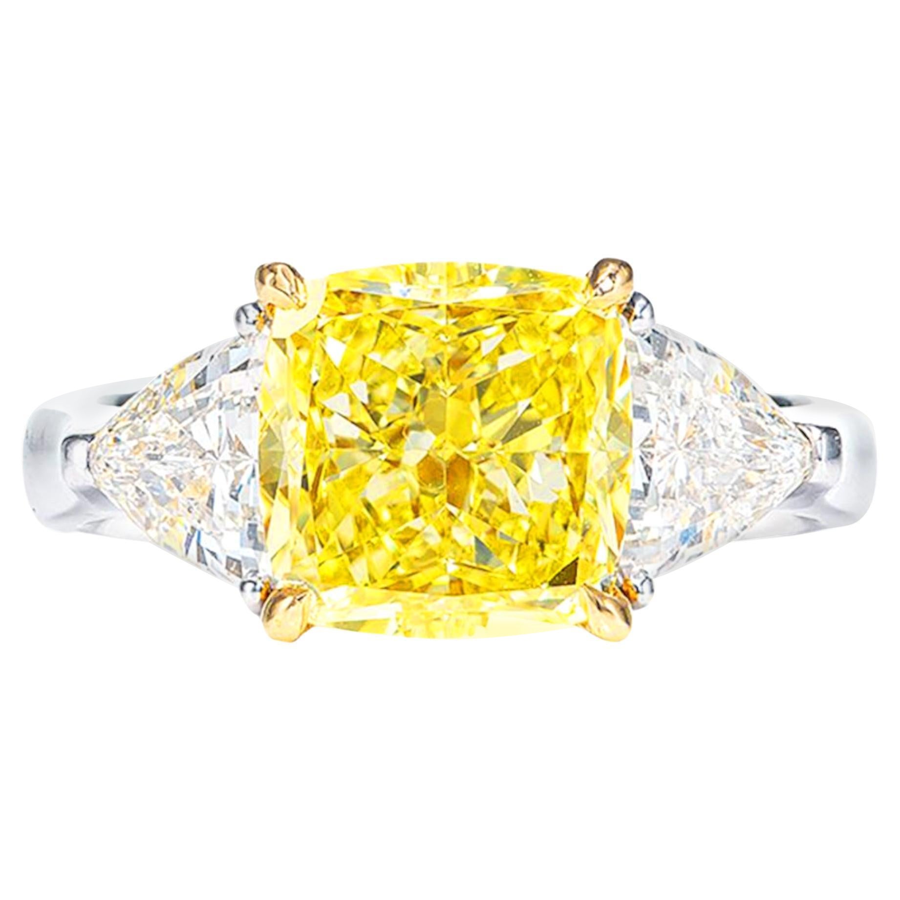 GIA Certified 3 Carat VVS2 Fancy Vivid Yellow Diamond Engagement Ring