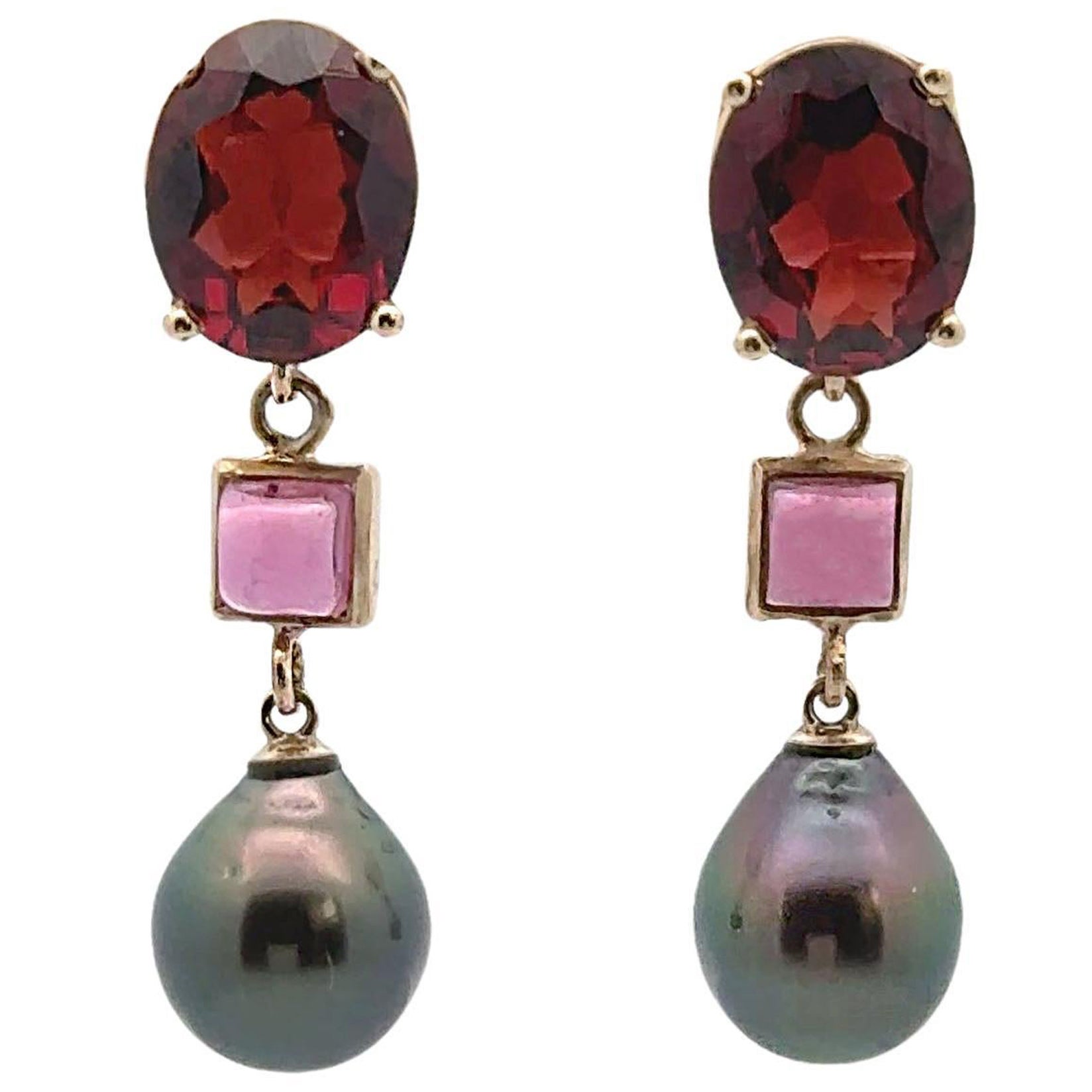 14K Yellow Gold Garnet, Square Pink Tourmaline and Black Pearl Drop Earrings