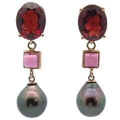 14K Yellow Gold Garnet, Square Pink Tourmaline and Black Pearl Drop Earrings