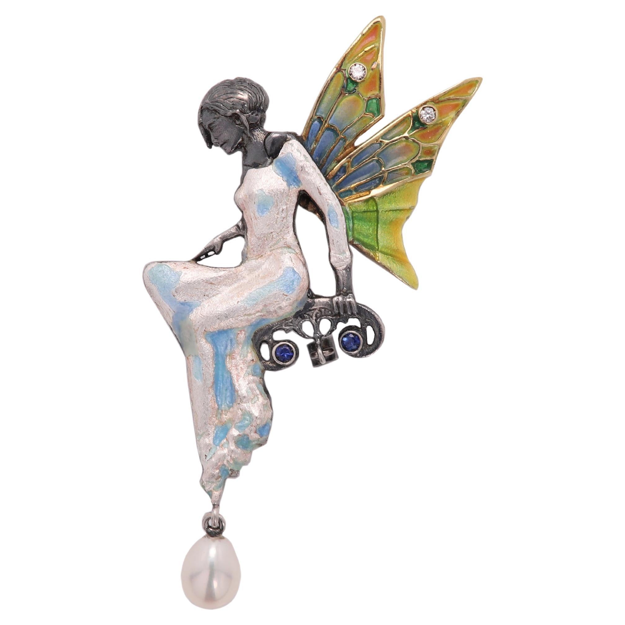 Fairy Lady Nouveau 1910 Enamel Brooch Pin Necklace Silver and 18 Karat Gold