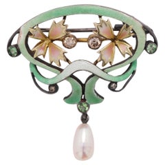 Vintage Brooch Pin Nouveau 1910 Enamel Necklace Sterling Silver and 18 Karat