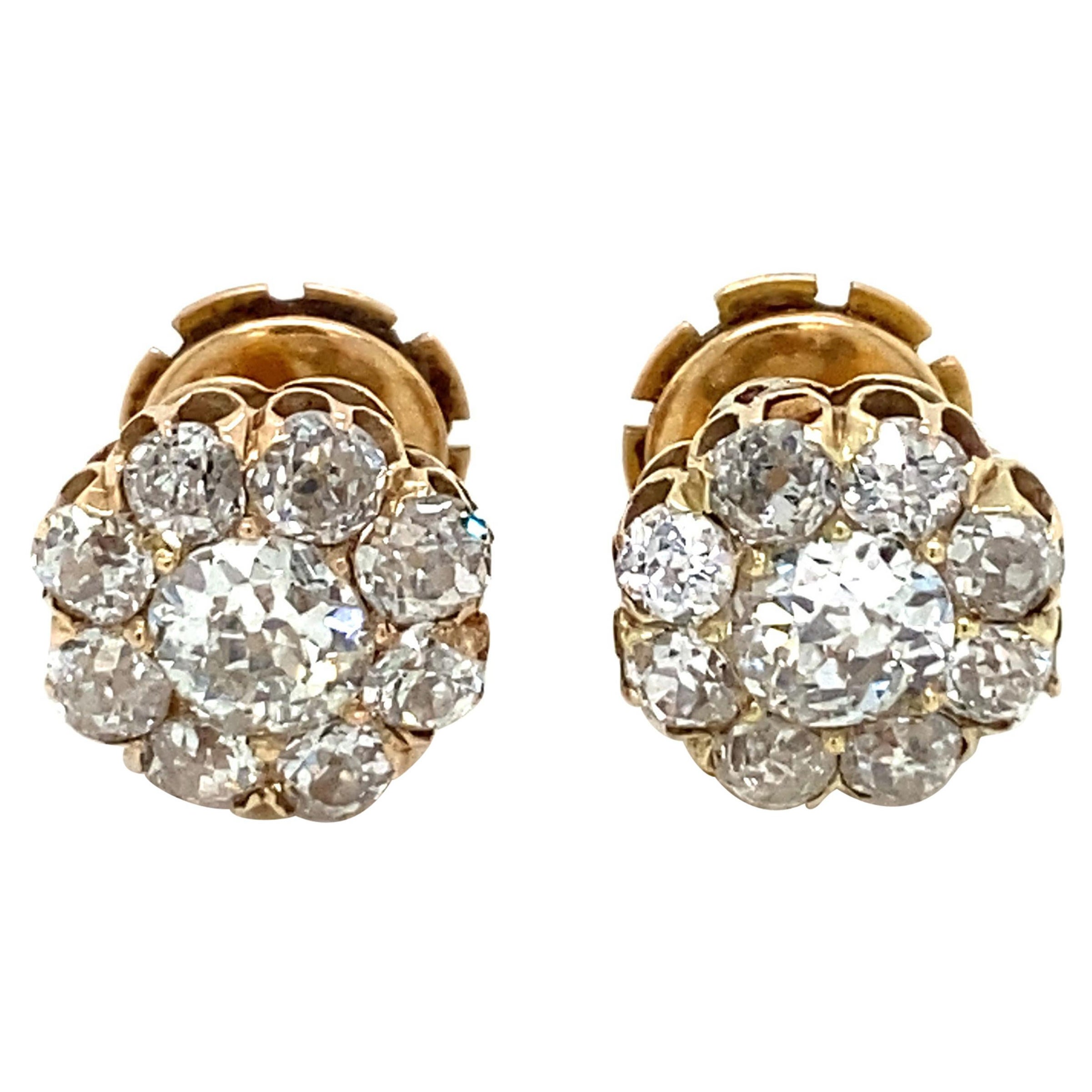 Pendientes retro de 3,70 quilates con racimo de diamantes talla Old Mine