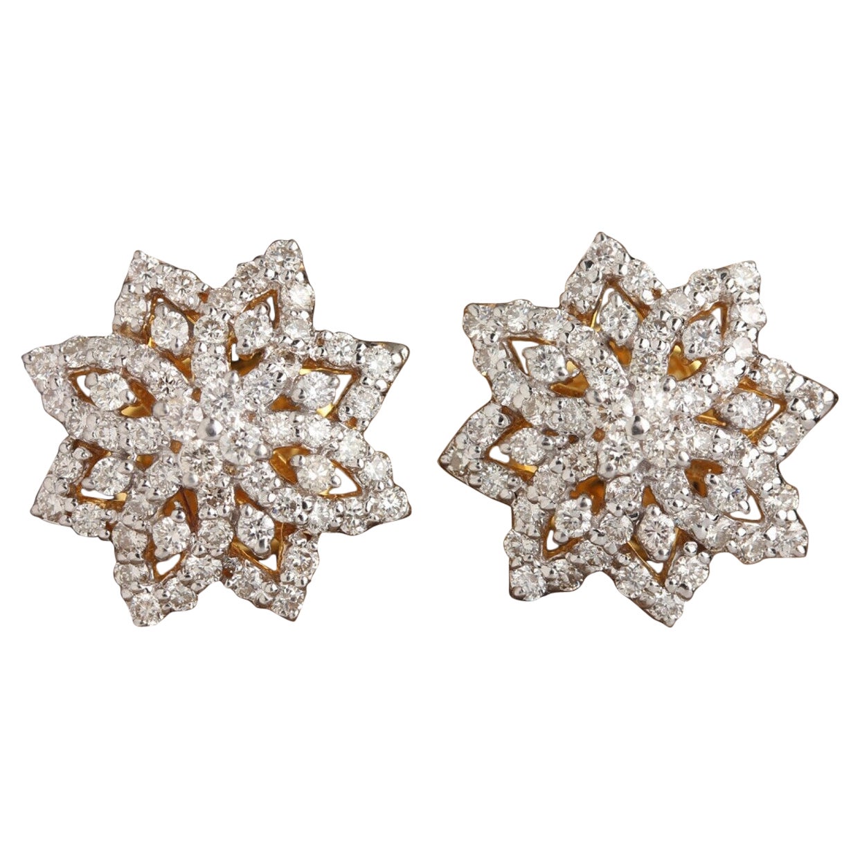14k Yellow Gold Floral Design Earrings Natural Pave Diamond Studs Gift For Women