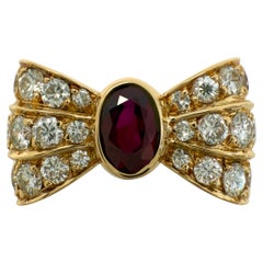 Rare Vintage Mauboussin Deep Red Ruby & Diamond 18k Yellow Gold Bow Ribbon Ring