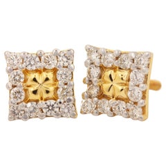 14k Yellow Gold Cushion Shape Designer Stud Earring Natural Pave Diamond Earring