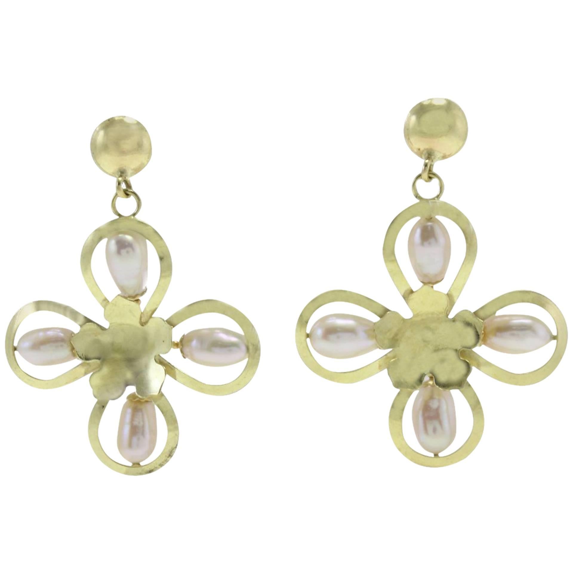 Pearl Yellow Gold Flower Earrings