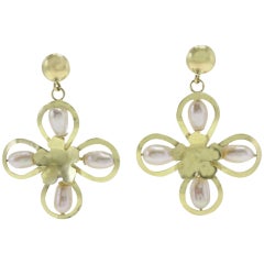 Pearl Yellow Gold Flower Earrings