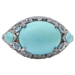 Turquoise, Topaze, Diamants, Bague en or rose et argent 14 carats.