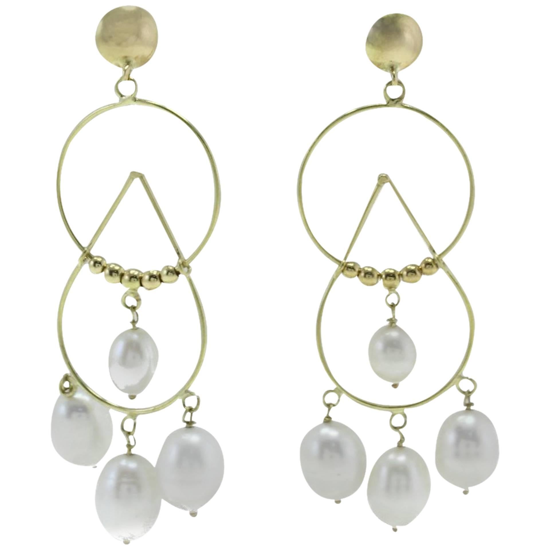 White Pearl, 18Kt Yellow Gold Drops Pendant Earrings