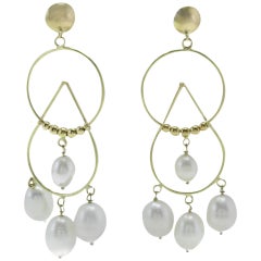 Pendientes Colgantes Perla Blanca, Oro Amarillo 18Kt