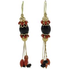 Coral Onyx Dangle gold Earrings