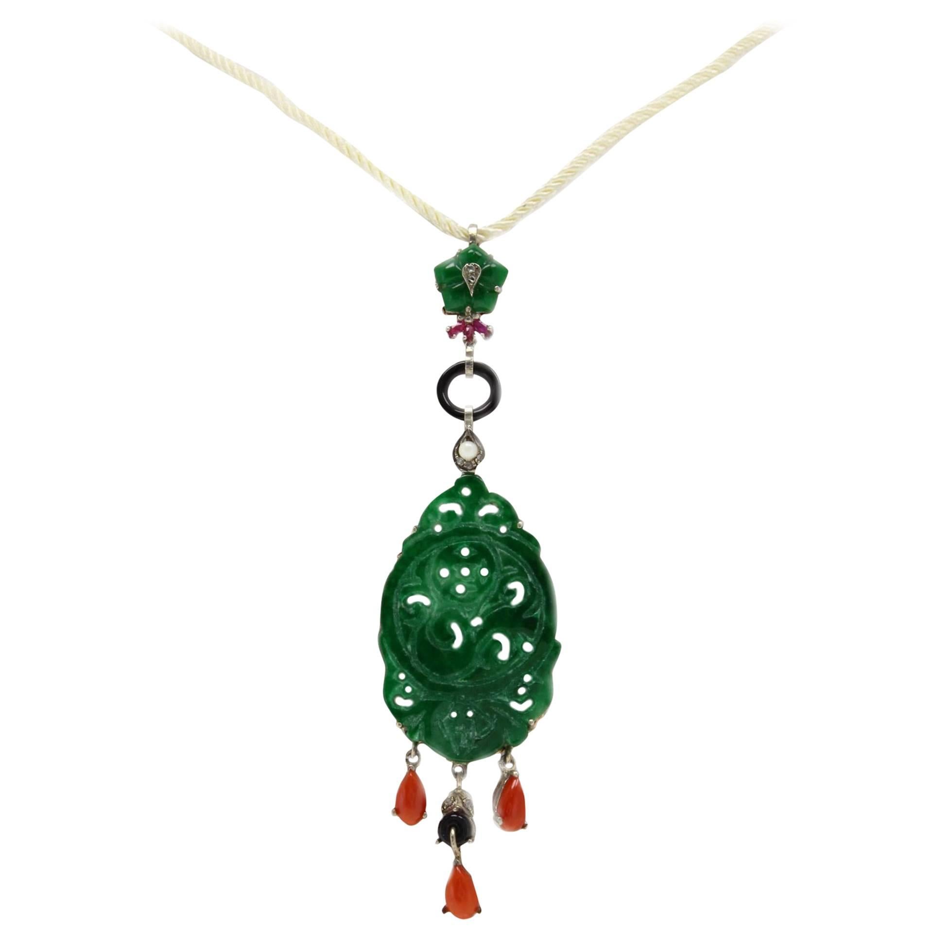  Green Agate, Red Coral , Onyx, Ruby, Diamonds Gold and Silver Pendant Necklace For Sale