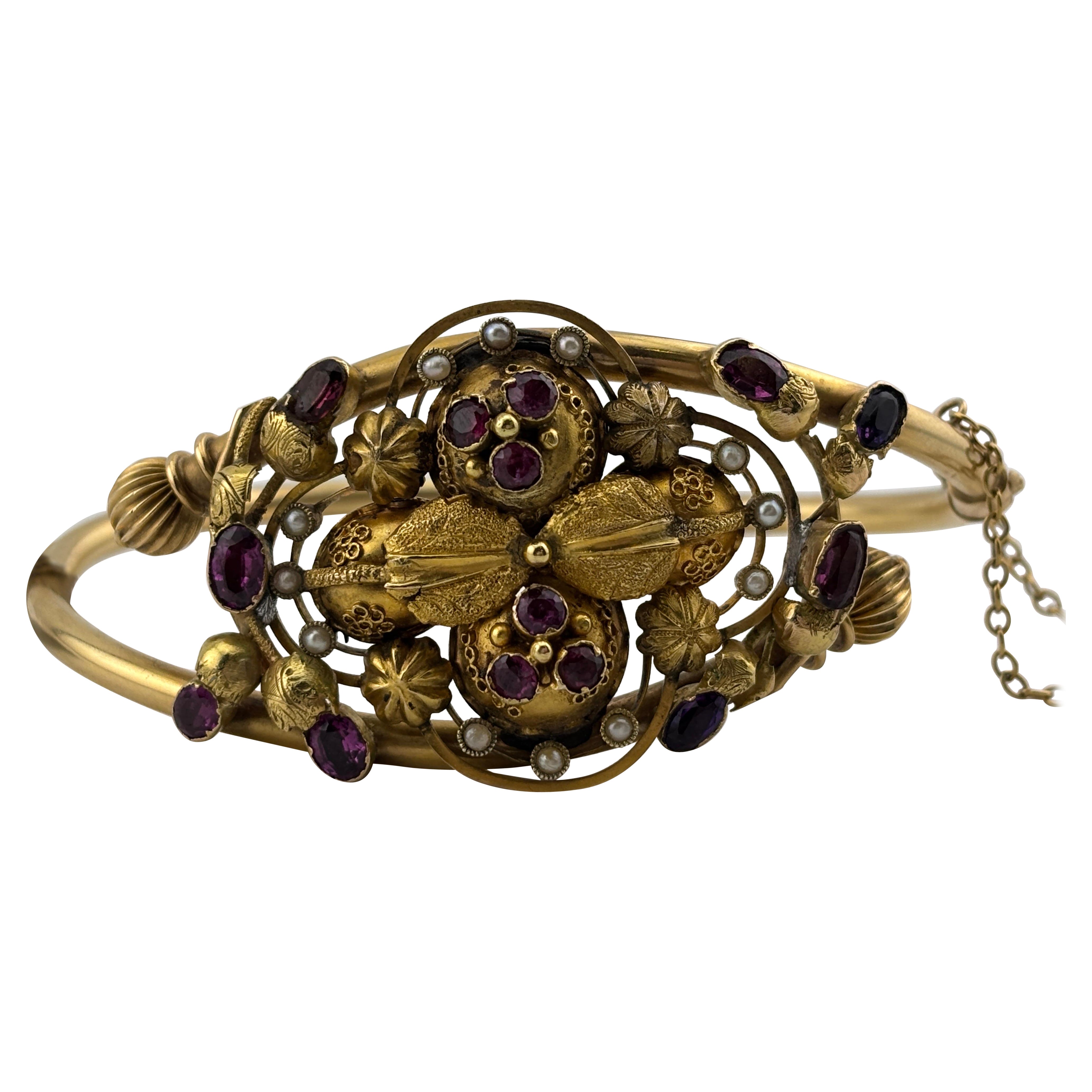 Victorian 14k Yellow Gold Amethyst, Garnet & Seed Pearl Bracelet