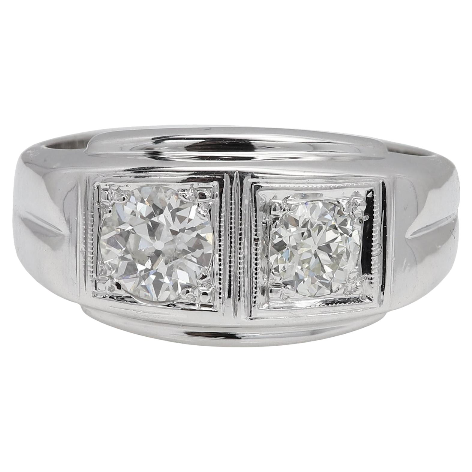 Vintage Mens Diamond Ring 2 old mine cut Diamonds 14 Karat White Gold