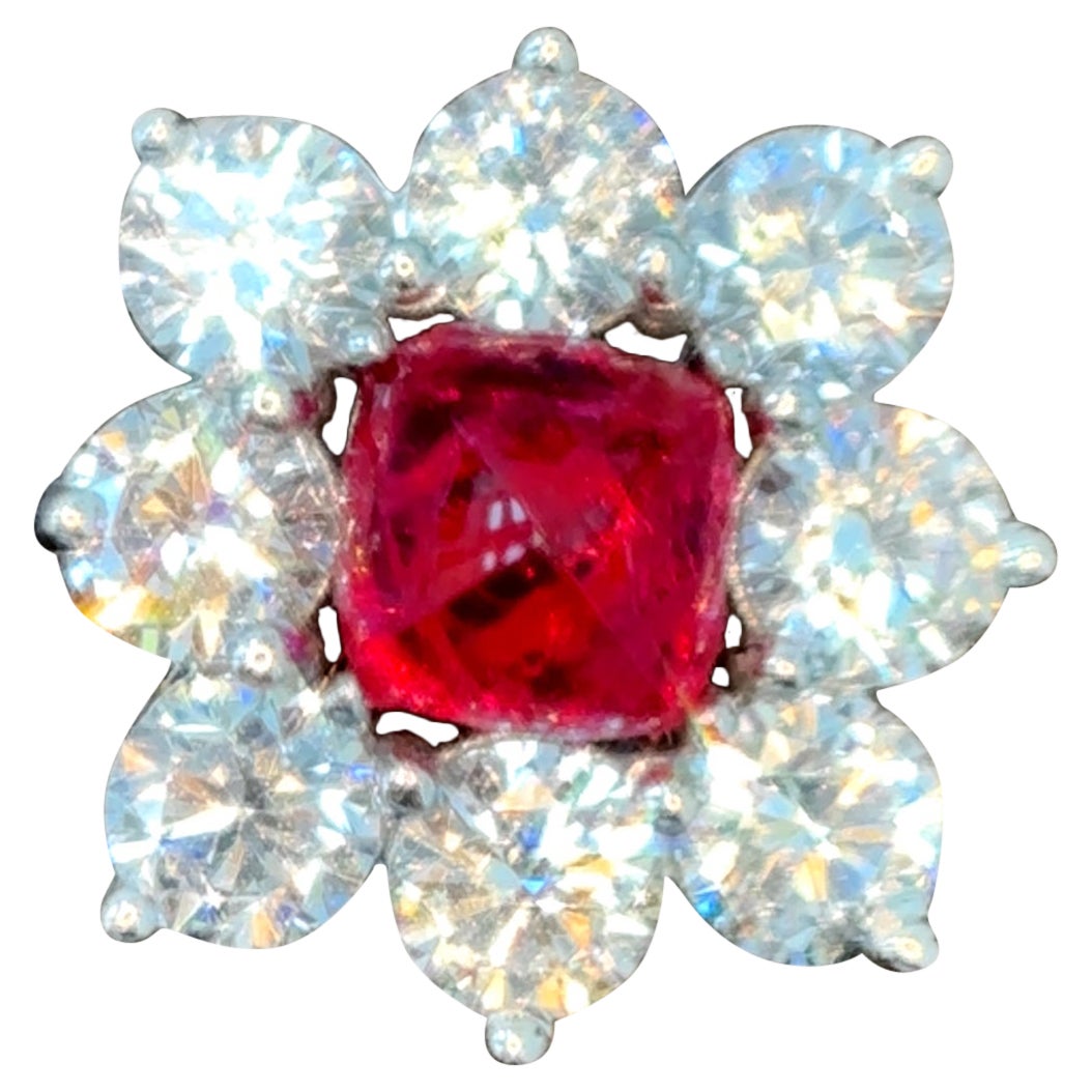 Burma No Heat Vivid Red Spinel Sugarloaf Diamond 18K White Gold Pendant Brooch For Sale