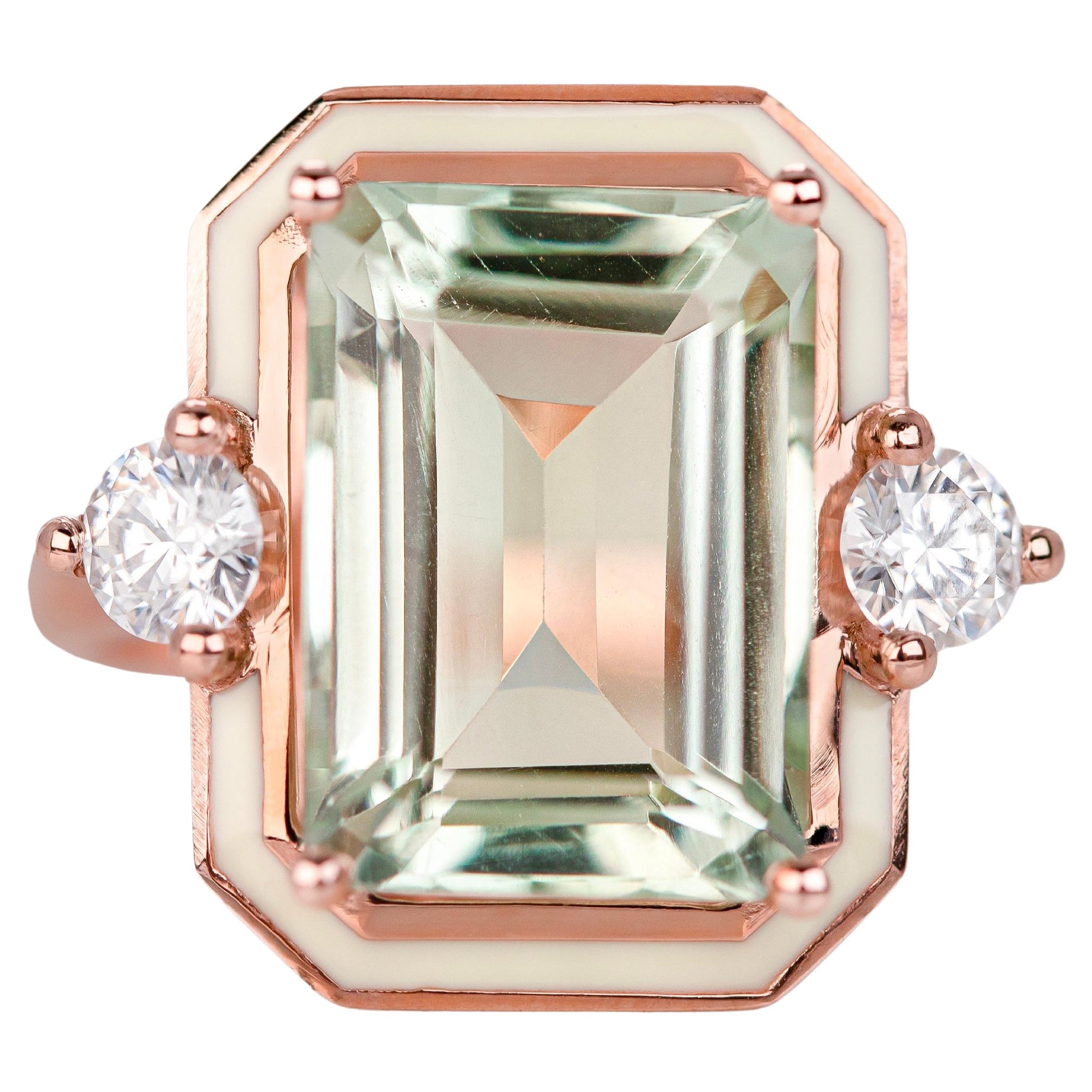 Cocktail Rings, Green Amethyst Stone Ring, Moissanite, 14K Gold Ring, Gemstone