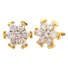 Pendientes de oro amarillo de 14 quilates con diamantes naturales pavé estilo flor para aniversario.
