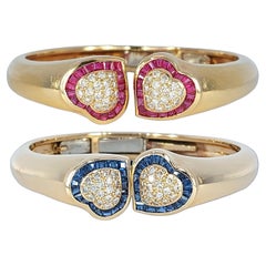 18kt Gold Set 2 Adler Genève Heart Bracelets Set Sapphire, Ruby, Diamonds