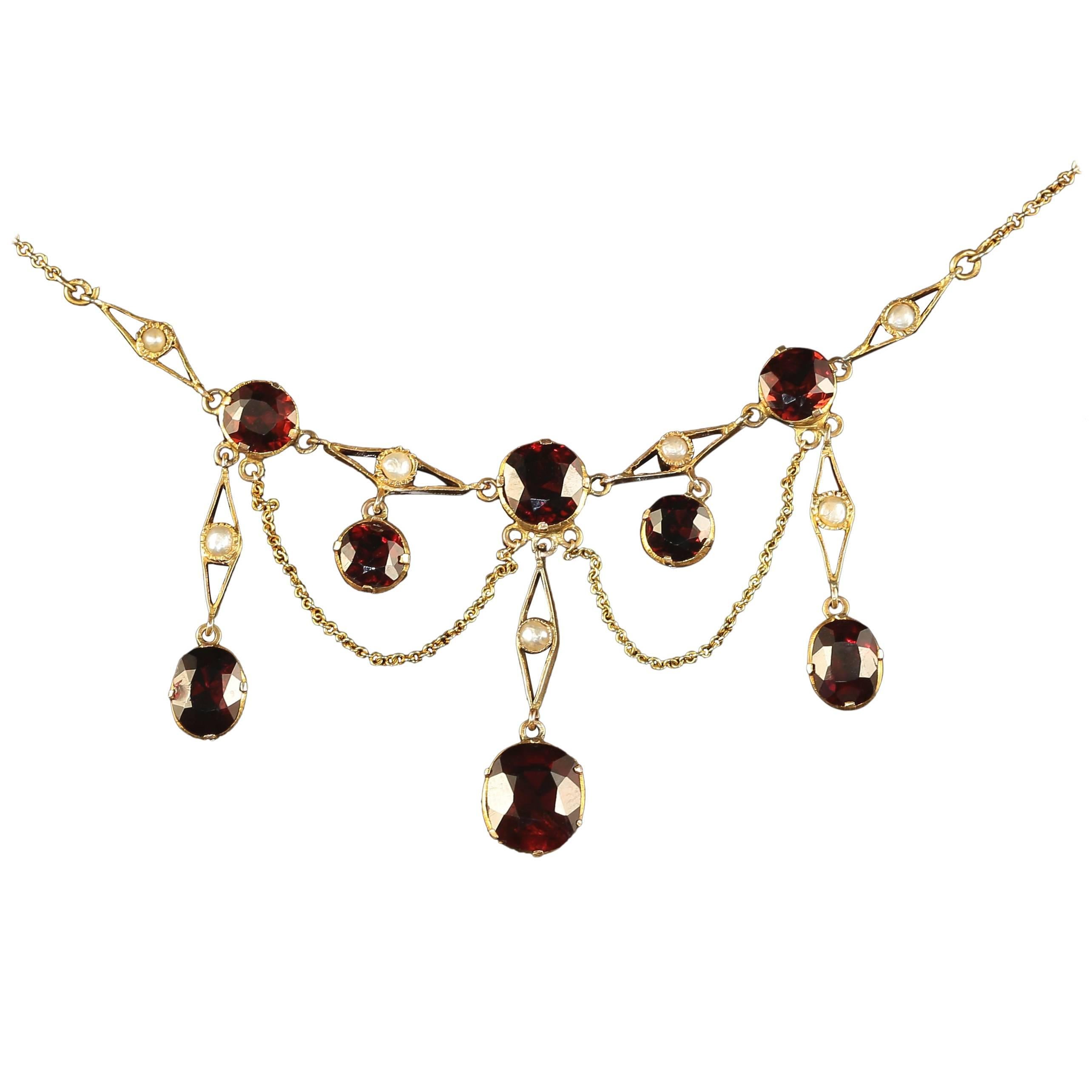 Antique Victorian Garnet Pearl Yellow Gold Lavaliere Necklace For Sale