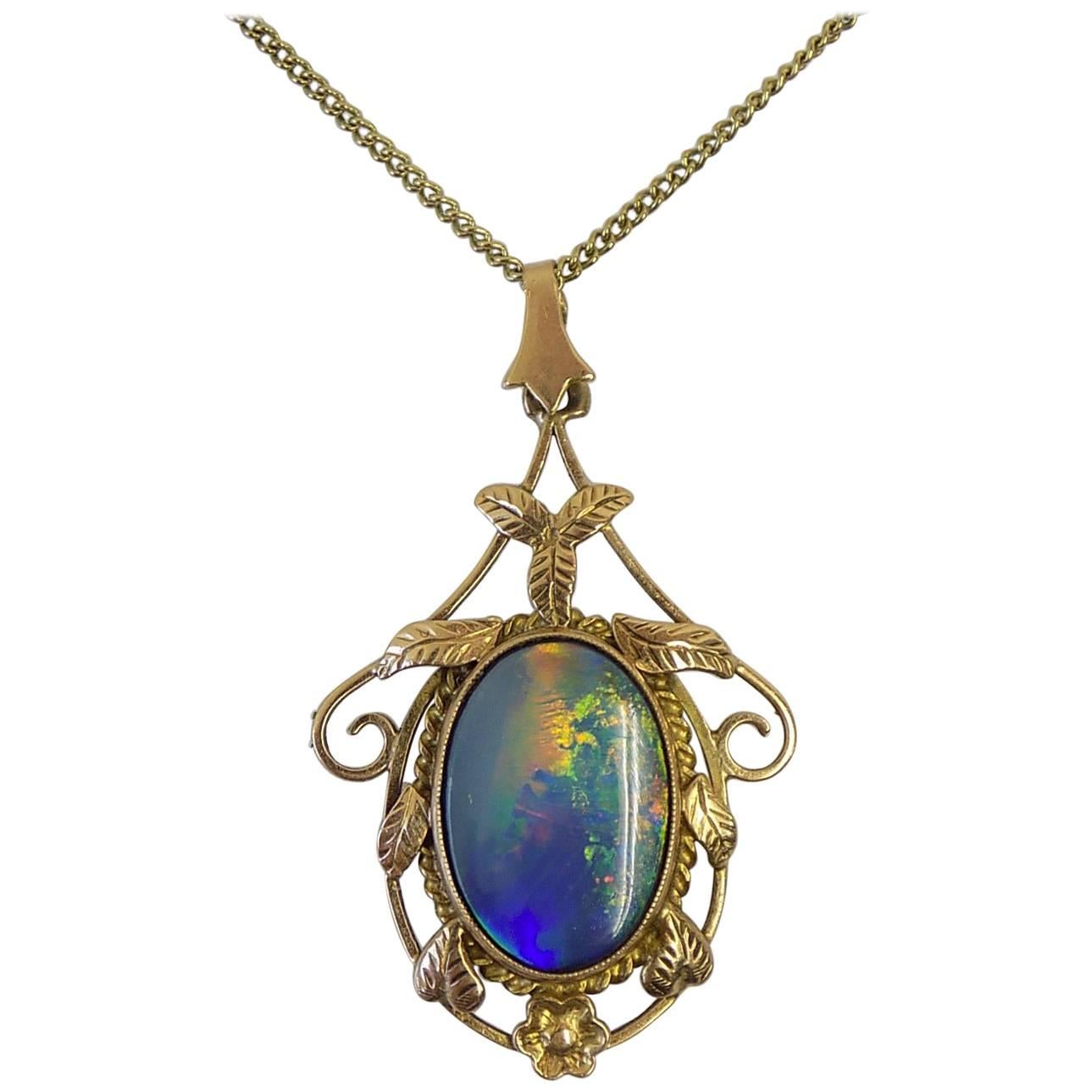 Gold Black Opal Pendant Necklace
