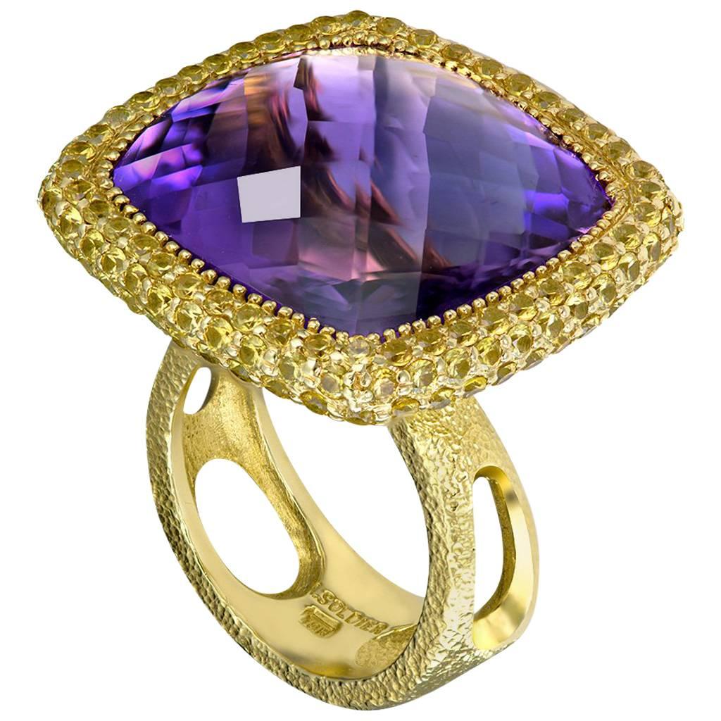 Alex Soldier Amethyst Sapphire Gold Textured Ring One of a Kind Handmade in NYC