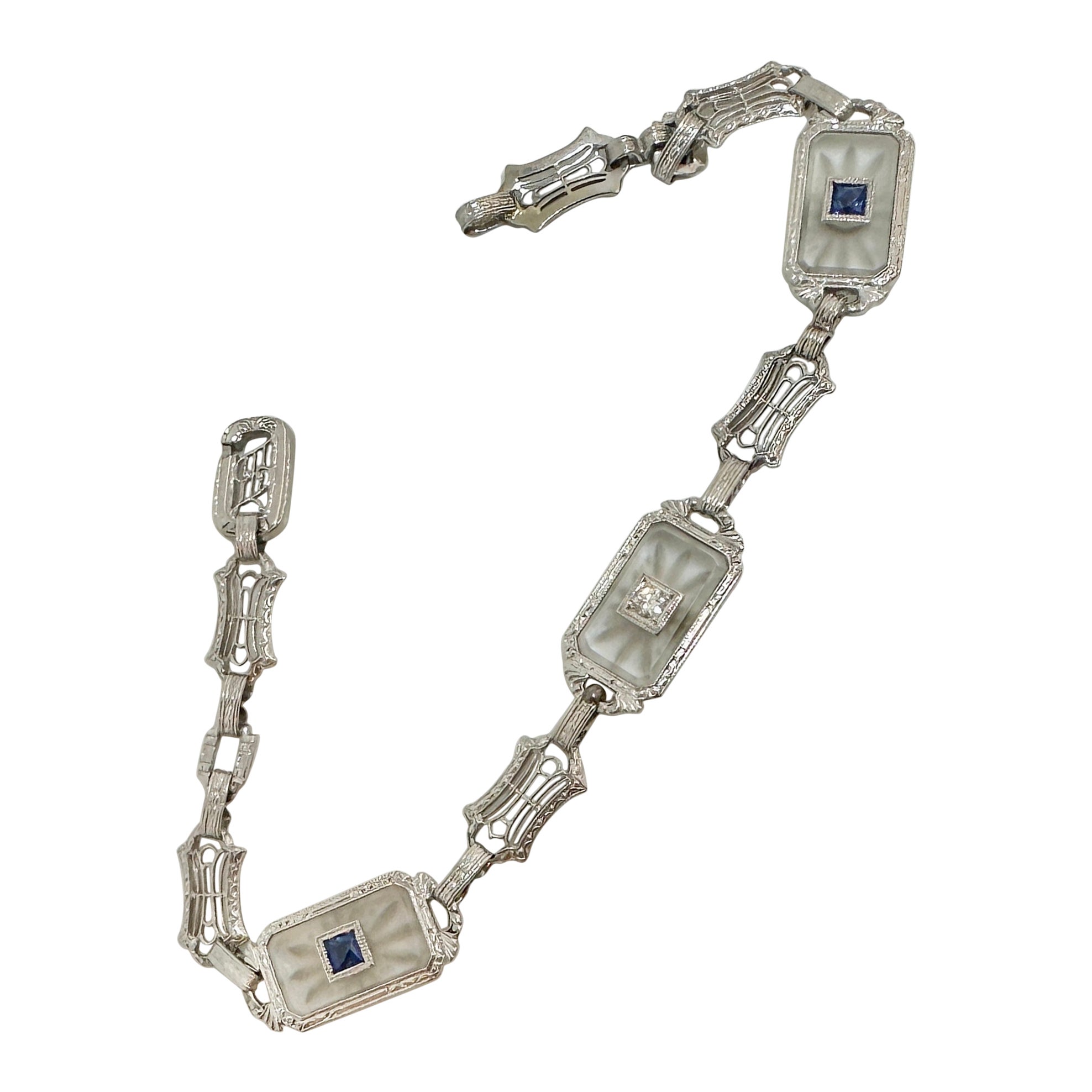 Art Deco Sapphire Diamond Bracelet Rock Crystal 18 Karat White Gold Filigree