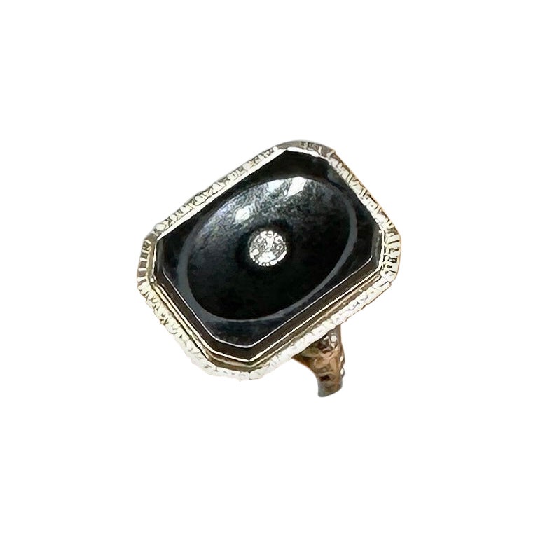 Art Deco Old Mine Cut Diamond Black Onyx Ring Edwardian White Gold Wedding