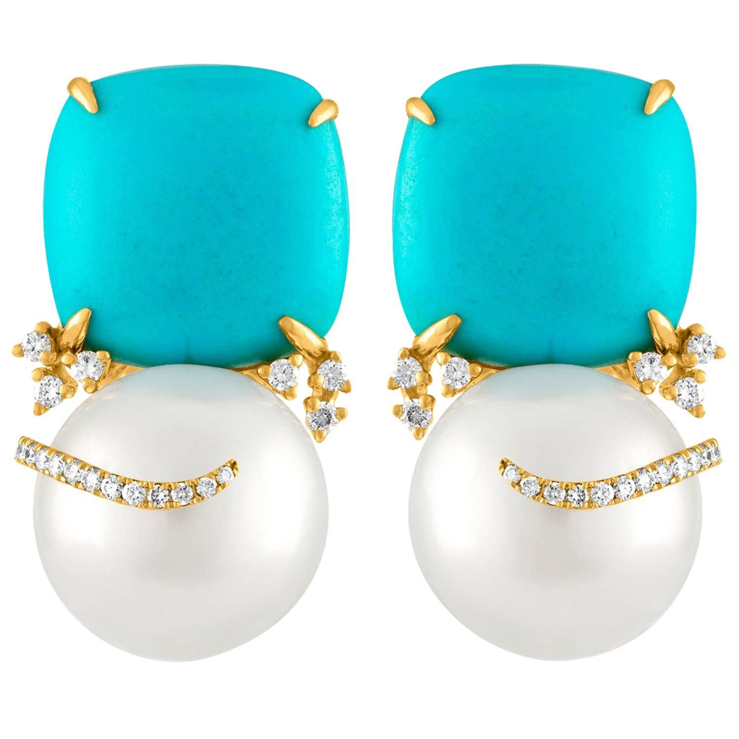 Turquoise and South Sea Pearl Gold Diamond Earrings