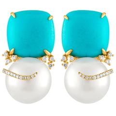 Turquoise and South Sea Pearl Gold Diamond Earrings 8