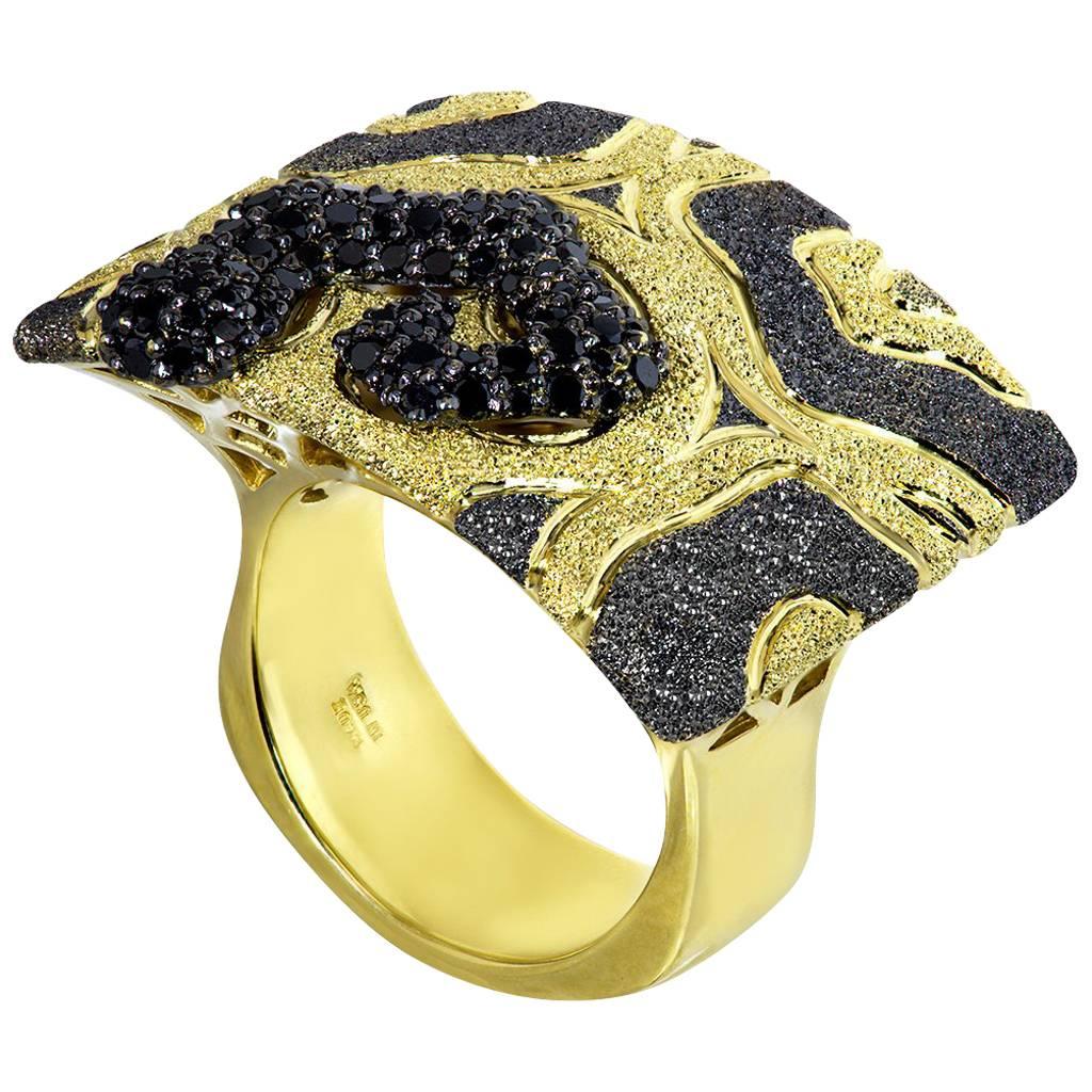 Alex Soldier Diamond Yellow Gold Platinum Textured Volna Ring One of a Kind