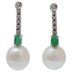 White Pearls, Emeralds, Diamonds, 14 Karat White Gold Tennis Earrings.