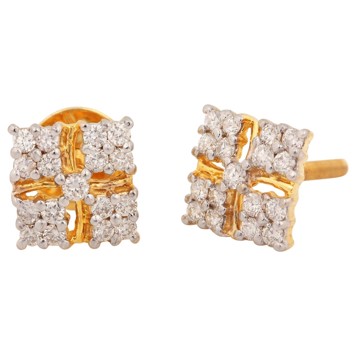 14k Solid Yellow Gold Square Shape Natural Pave Diamond Designer Stud Earrings .