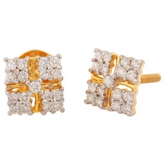 14k Solid Yellow Gold Square Shape Natural Pave Diamond Designer Stud Earrings .