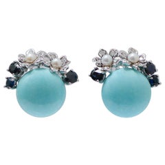 Turquoise, Sapphires, Diamonds, Pearls, 14 Karat White Gold Earrings.