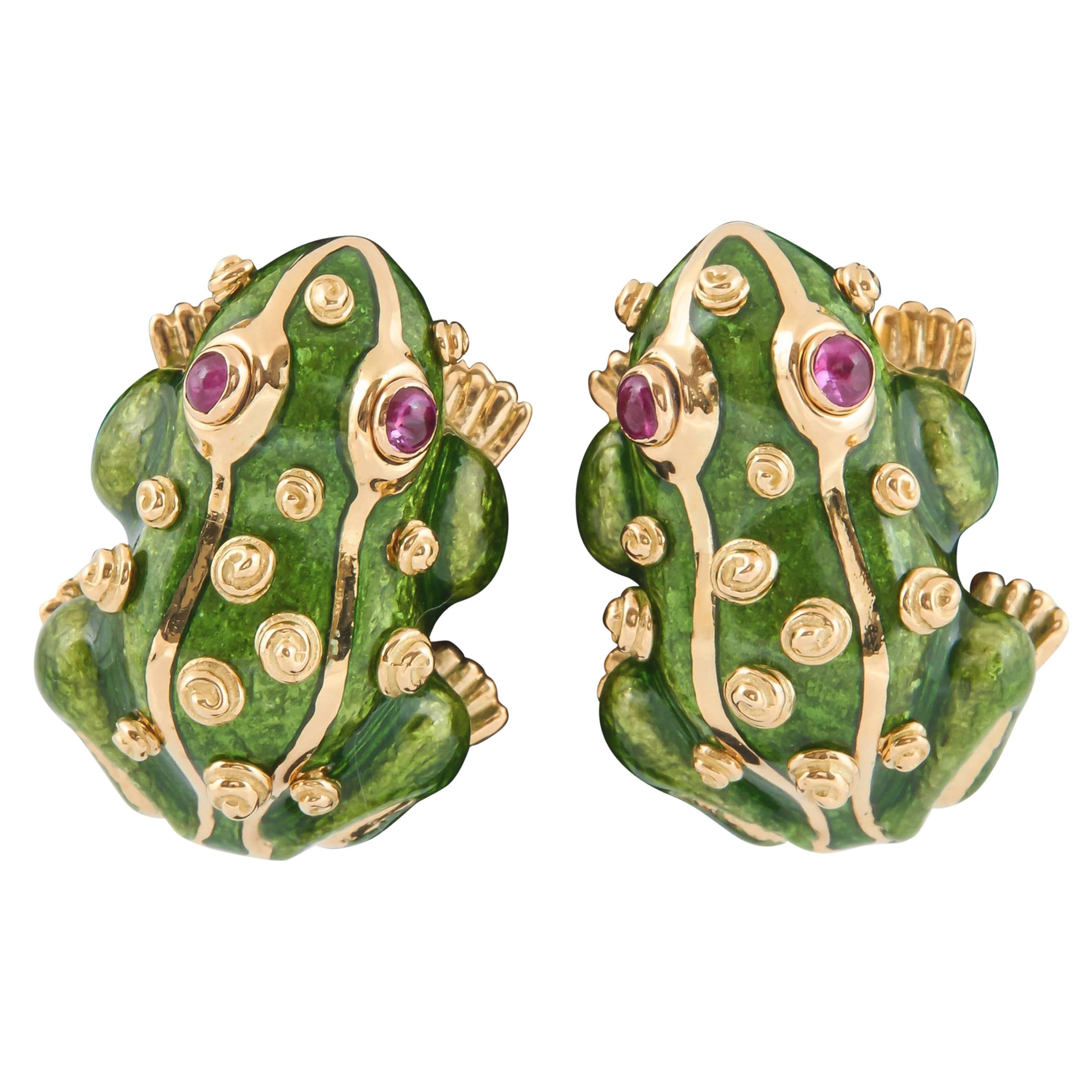 David Webb Enamel Gold  Frog Earrings