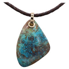 Chrysocolla Natural Stone Necklace 14 Karat Yellow Gold & Leather